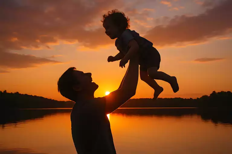 Vater mit Kind, Sonnenuntergang, See